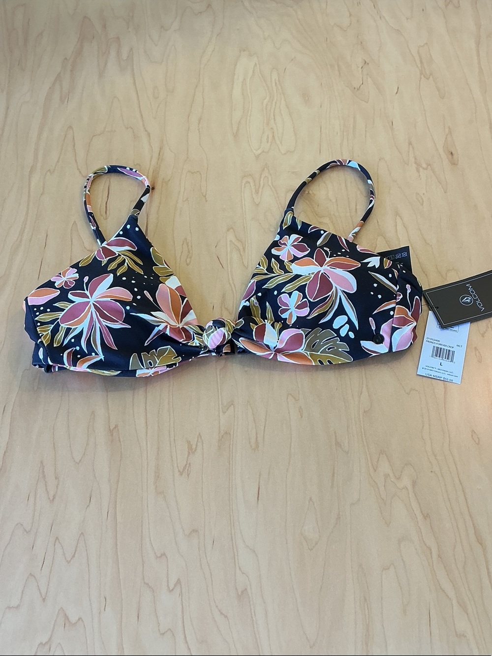 VOLCOM, Floral Black & Pink Knot-Front Women's Swim Top